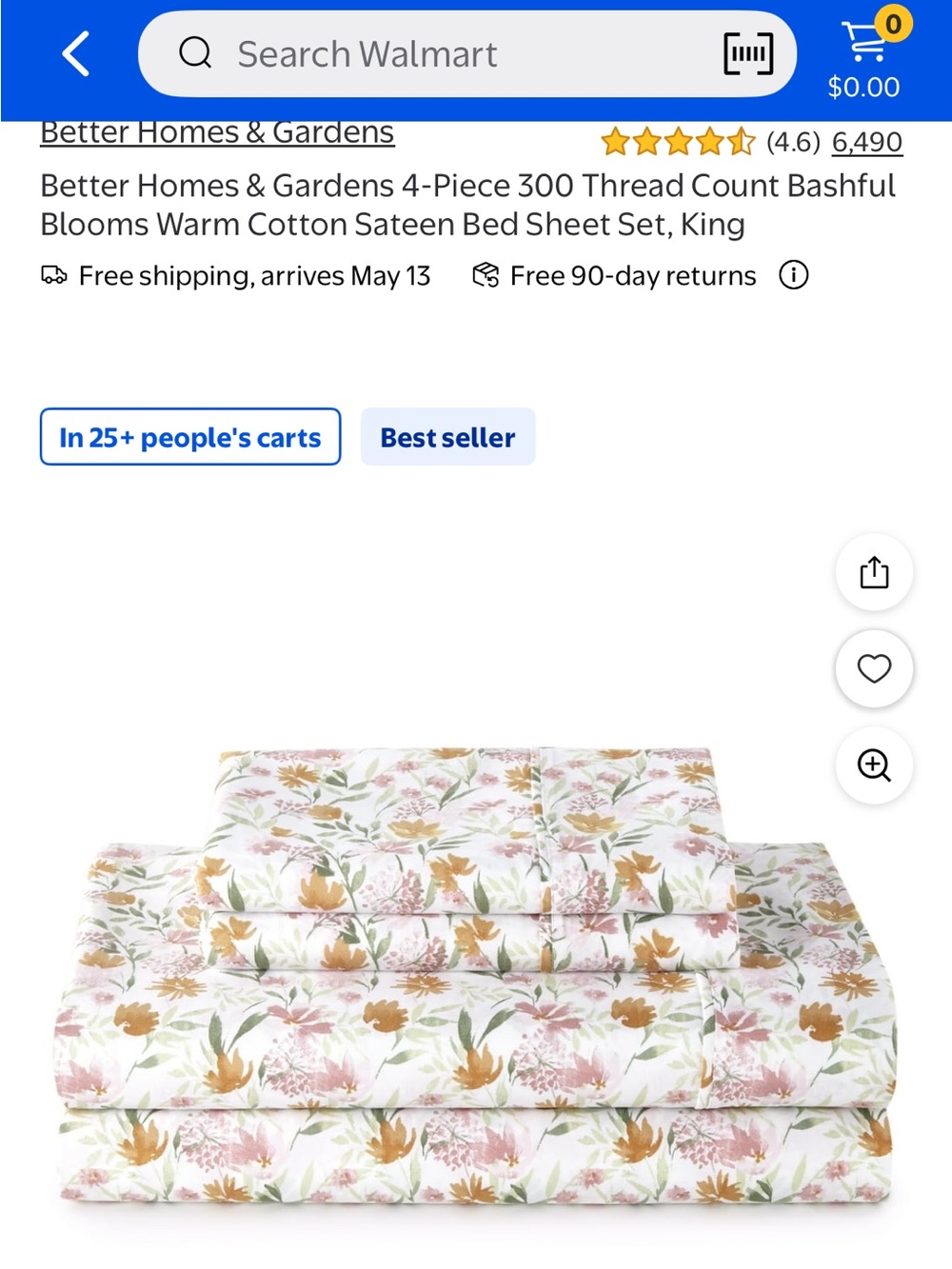 NWT! Better Homes And Gardens King Sateen Sheet Set - Pink & Orange Floral - Picture 3 of 5